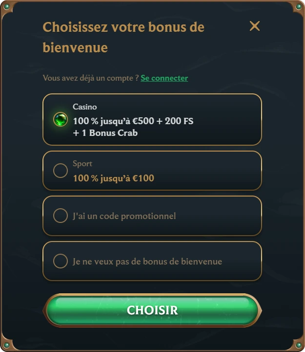 Choix du bonus de bienvenue : casino 500 €, sport 100 €, ou code promo